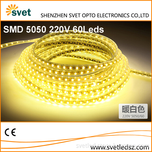 Waterproof Outdoor Led Flexible Strip Light 220V SMD 5050 60 Leds/M Warm White 8mm PCB Copper Wire
